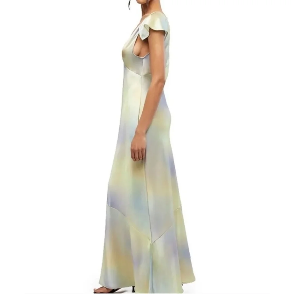 WeWoreWhat Watercolor Silky Charmeuse Midi Slip Dress, Cap Flutter Sleeve Size 0